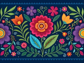 Vibrant floral embroidery design on a dark background.
