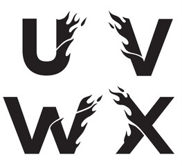 Fire Letters Design, U V W X Black Ink Silhouette Initials Tattoo
