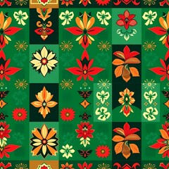 Vibrant Floral Patchwork Pattern: A captivating seamless pattern featuring a bold patchwork design with intricate floral motifs in warm, vibrant colors against a rich green background.