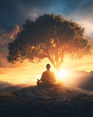 Obraz premium Monk meditating under a tree with glowing rays of light symbolizing tranquility. Cultural and Spiritual Symbols mockup