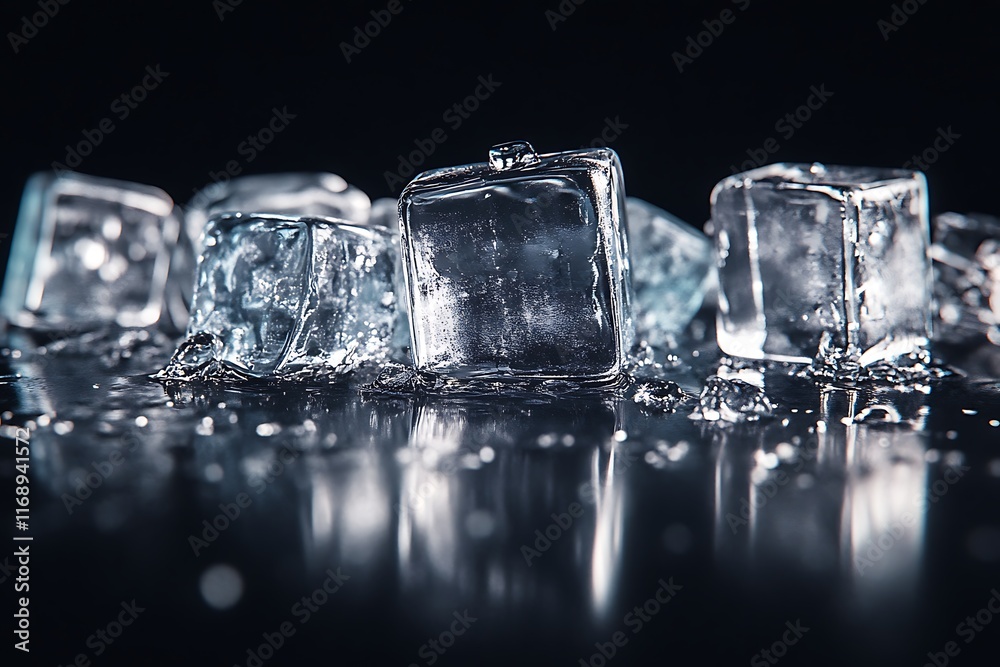 Poster sparkling ice cubes on dark background.