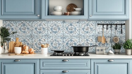 Stylish blue kitchen with floral tiles and modern appliances
