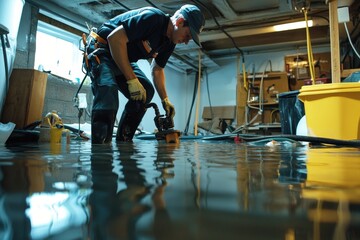 Technician removes water from flooded basement using pump during emergency repair work