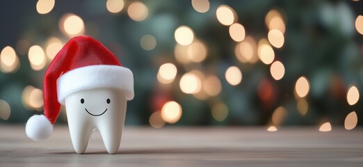 Christmas-themed tooth character wearing Santa hat, festive background with bokeh lights, cheerful dental decoration, copy space for text