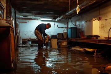 Technician removes water from flooded basement using pump during emergency repair work