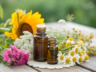 Aromatic oils with flowers and herbs in a natural setting
