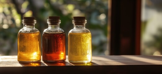 Colorful glass bottles filled with various oils, showcasing amber, golden, and dark hues, illuminated by soft natural light, copy space for text