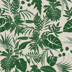 Cotton fabric Exotic leaves and palm bananas leaves illustration. Vintage green seamless pattern.
