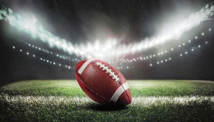 American Football Close-Up. Vibrant Night Game Scene with Stadium Lights Illuminating Rain-Soaked Field, Highlighting the Ball's Texture and Significance in Professional Sports and Entertainment