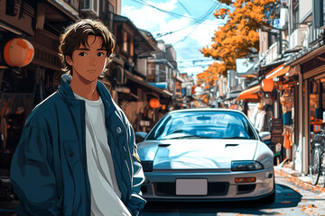 Street racer standing next to their tuned car in anime style. Mockup template with space for text. Background, cover design. racing urban theme banner poster background gaming. Generative Ai content	