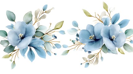 Watercolor Floral Border  Dusty Blue Flowers  Greenery  Wedding Invitation Design