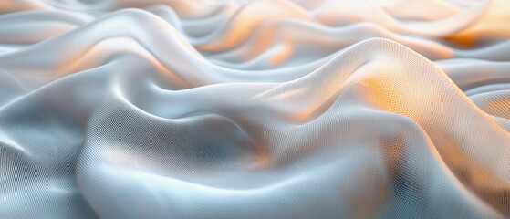 Fototapeta premium Abstract 3D visualization of silky white fabric with subtle mesh texture and warm orange highlights creating flowing waves. Generative AI.