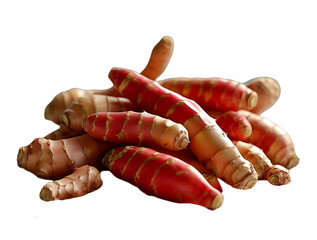 Close-Up of Fresh Turmeric Root with Ground Powder on transparent background