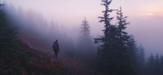 Obraz premium Misty forest hike at dawn with lone hiker exploring fog-covered trail surrounded by towering evergreen trees, copy space for text