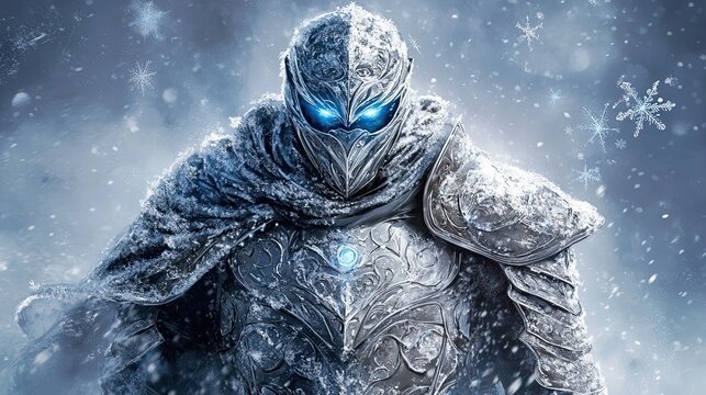 A Snow Covered Knight With Glowing Eyes Stands in a Blizzard
