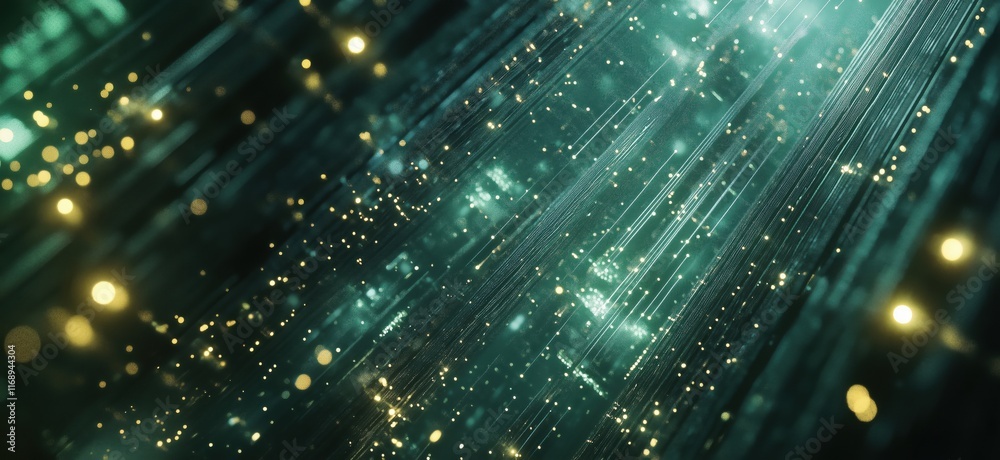 Poster digital data streams with glowing particles and light effects creating a futuristic atmosphere, copy