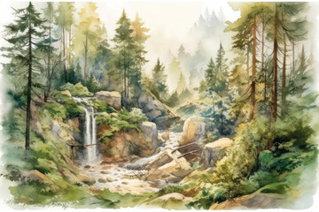 Fototapeta premium a picturesque forest landscape made in watercolor technique. 