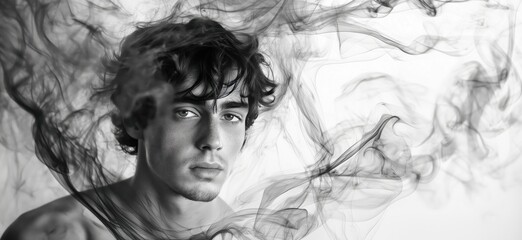 Fototapeta premium Black and white portrait of young man surrounded by swirling smoke, capturing emotion and depth in artistic photography, copy space for text
