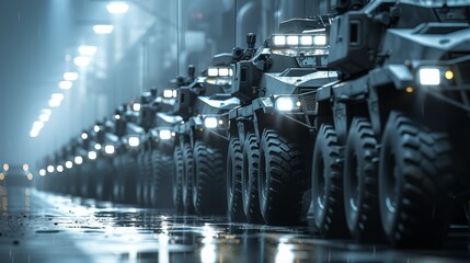 Industrial showcase of military armored vehicles on the production line under bright lighting