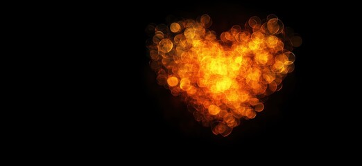 Heart shape created with glowing orange bokeh lights on black background, symbolizing love and warmth, copy space for text