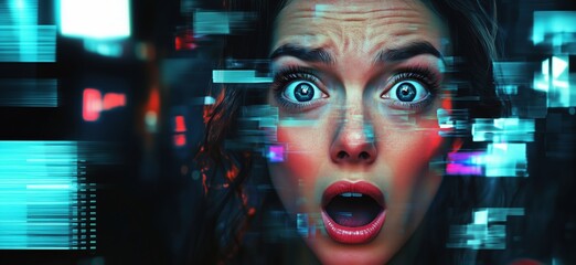 Distorted Reality: Shocked Woman with Glitch Effects and Digital Noise, Expressing Fear and Confusion, copy space for text