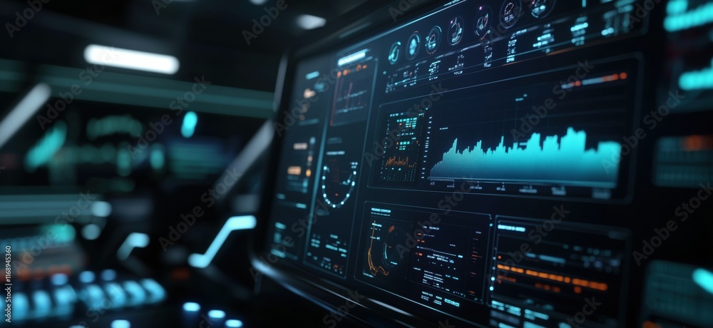 Poster futuristic control panel displaying advanced data analytics and visualizations, featuring graphs, me