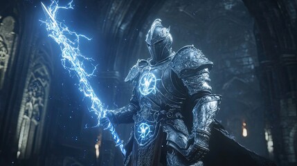 Fototapeta premium Dark Knight wielding a lightning infused sword