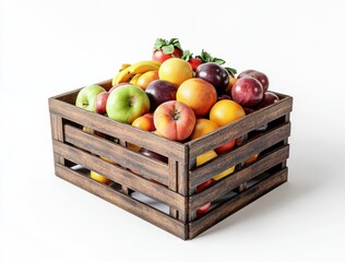 Fresh Fruits in a Wooden Crate Displayed Aesthetically on a White Background with Vibrant Colors for Commercial Use in Food Projects and Promotions