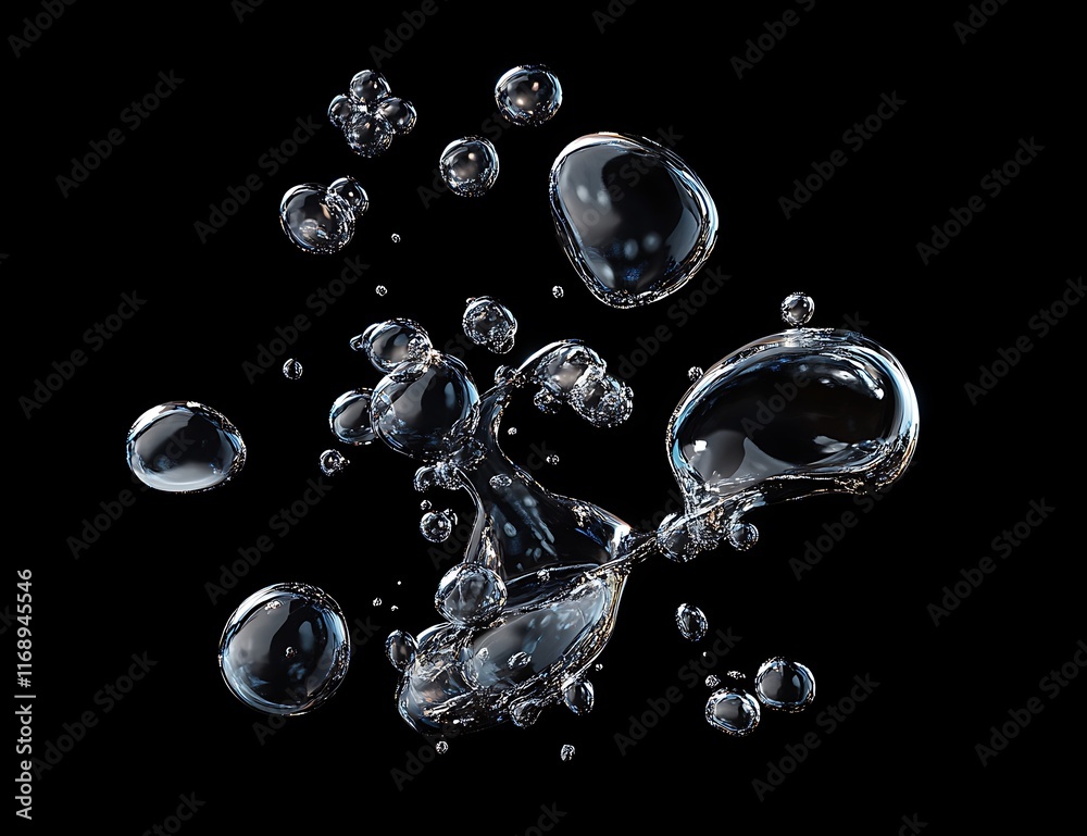 Aufkleber water droplets and bubbles exploding on black background.