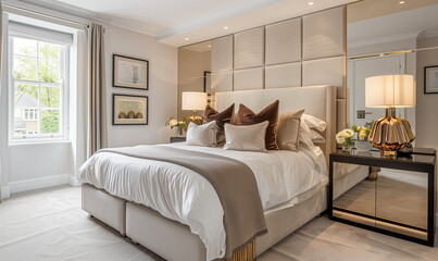 Art Deco (UK version) Bedroom Interior Design Trend. Furniture and Wall and Windows. Bed, lamp, art work, lighting, decor, pillow, decoration. Indoors, luxury, home 