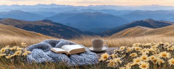Cozy reading nook with coffee in a mountain landscape