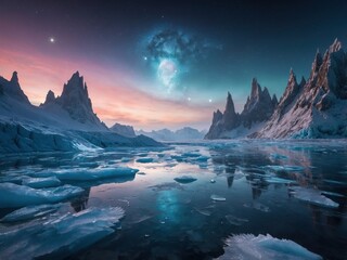 Surreal frozen alien valley with icy peaks and ethereal skies at dusk