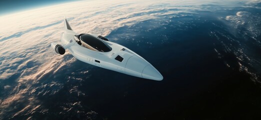 Futuristic spacecraft soaring above Earth, showcasing sleek design and advanced technology, surrounded by clouds and the vastness of space, copy space for text