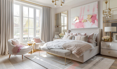 Art Deco White Pink Bedroom Interior Design Trend. Furniture and Wall and Windows. Bed, lamp, art work, lighting, decor, pillow, decoration. Indoors, luxury, home 