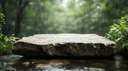 Obraz premium Large wet rock in rainy forest scene. Ideal for product displays, nature themes, or rainy weather concepts.