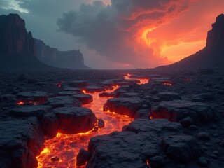 Fototapeta premium Volcanic surface illuminated by lava flow in a dramatic sunset sky filled with clouds