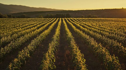 Sunset over rows of sunflowers in a rural field.