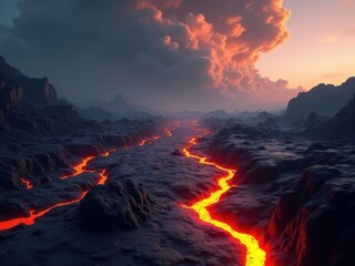 Volcanic landscape with flowing lava and dramatic clouds during sunset in a remote location