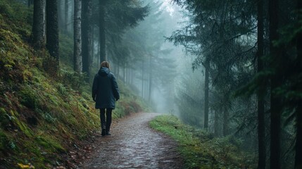 Individual walks along a misty forest path surrounded by tall trees and lush greenery in the early morning
