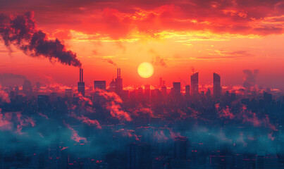 Urban Air Pollution During Sunset, Industrial Cityscape with Smog and Emissions, Environmental Issues Caused by Urbanization and Industrialization, Vivid Sunset Over Polluted Skyline