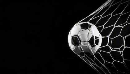 Dynamic Close-Up of Soccer Ball Hitting the Goal Net in Dramatic Black and White. Perfect for Concepts of Victory, Scoring Goals, Team Spirit, Football Action, and Intense Sports Moments