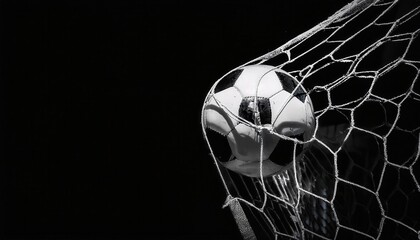 Dynamic Close-Up of Soccer Ball Hitting the Goal Net in Dramatic Black and White. Perfect for Concepts of Victory, Scoring Goals, Team Spirit, Football Action, and Intense Sports Moments