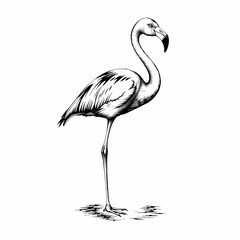 Elegant Flamingo Illustration: A graceful flamingo stands tall on one leg, depicted in a detailed black and white sketch. The bird's elegant form and delicate features are captured with precision.