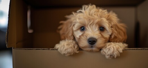 Adorable puppy peeking from cardboard box, fluffy golden fur, expressive eyes, playful demeanor, indoor setting, soft lighting, copy space for text