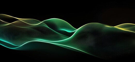 Abstract wave patterns in vibrant green and yellow hues, showcasing smooth flowing lines against a dark background, copy space for text