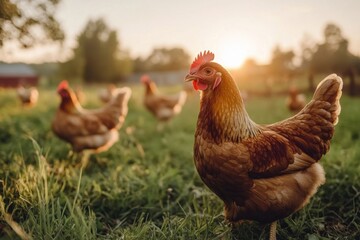 Fototapeta premium Free-range chickens roaming in a grassy field on a sunny day with trees in the background and a bright sky