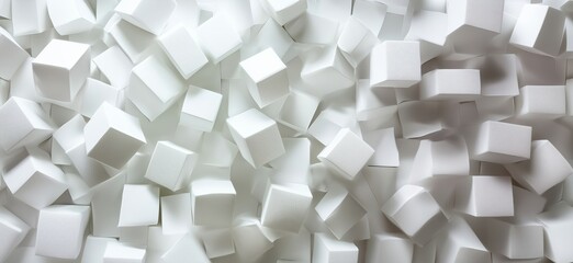 White geometric shapes scattered randomly across a surface, creating a visually striking abstract composition of cubes and rectangles, copy space for text