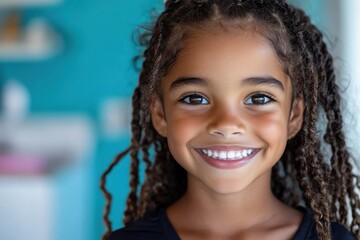 A young girl with beautiful braids and a radiant smile stands against a vibrant backdrop, showcasing the joy and innocence of childhood in a playful setting.