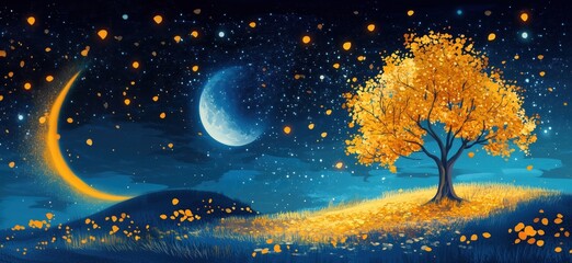 Fototapeta premium Enchanting night landscape with glowing moon, vibrant autumn tree, and starry sky filled with floating leaves, copy space for text