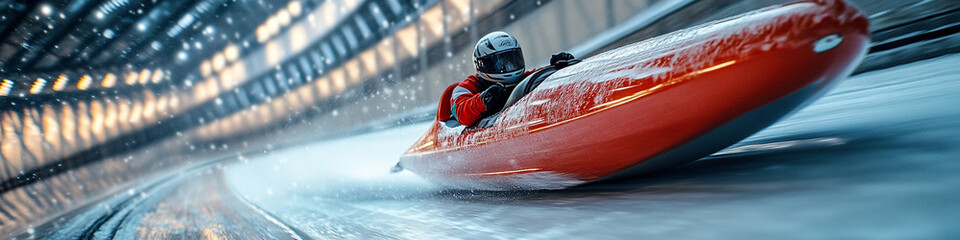 A close-up of a bobsled racing down an icy track, with the sled's details and track's curves...